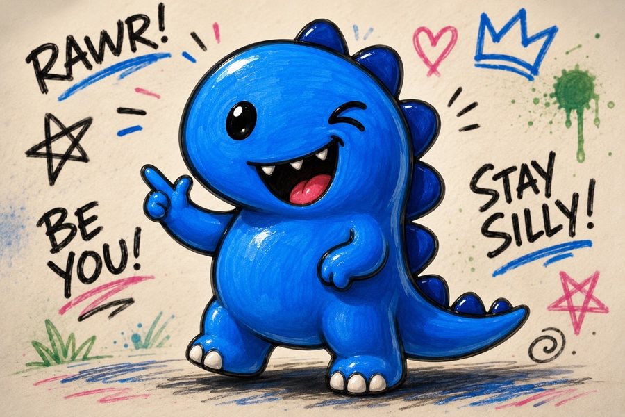 A smiling blue dinosaur winking, with the words Be You and Stay Silly drawn around it