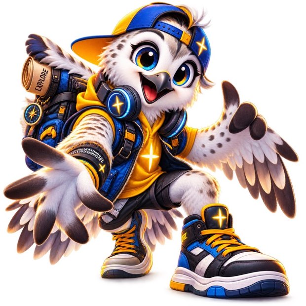 An explorer owl in a cap and backpack, reaching out with a friendly wave