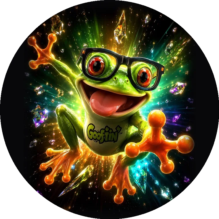Goofin' the frog, smiling with big glasses and arms open wide